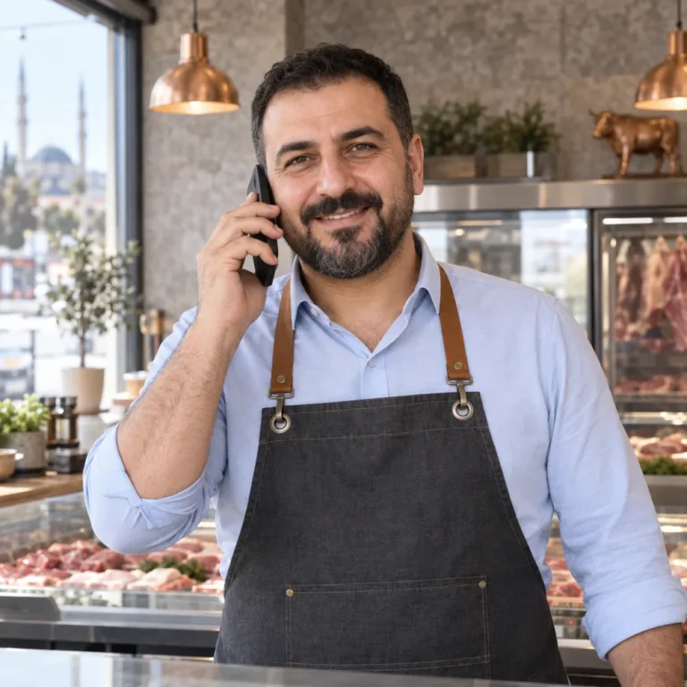 Telefonla görüşen kasap işletmecisi — temsili görsel