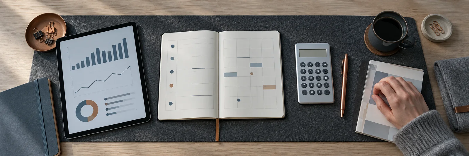 SEO bütçesi ve çalışma planını temsil eden tablet, planlayıcı ve hesap makinesi